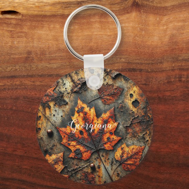 Custom Name Grungy Autumnal Industrial Leaves Keychain (Front)