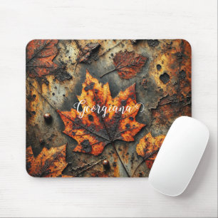 Custom Name Grungy Autumnal Industrial Leaves Mouse Pad