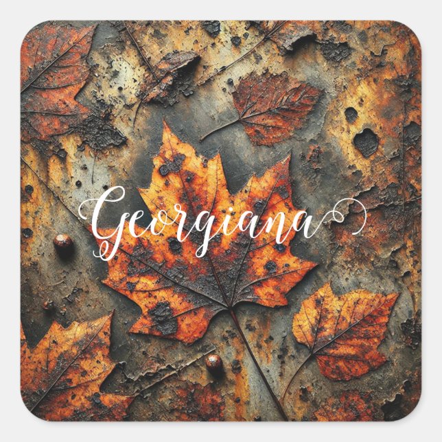 Custom Name Grungy Autumnal Industrial Leaves Square Sticker (Front)