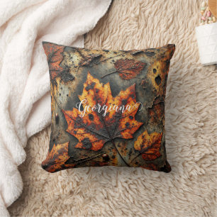 Custom Name Grungy Autumnal Industrial Leaves Throw Pillow