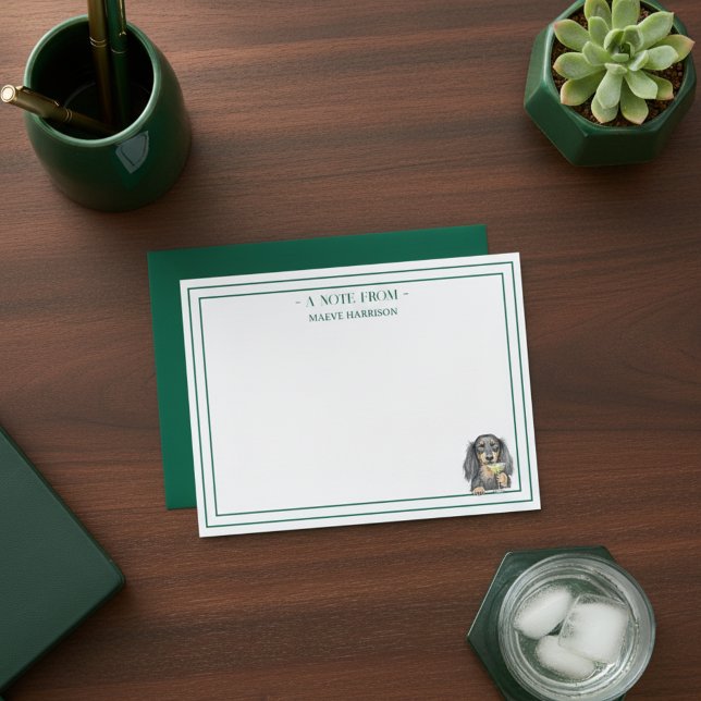 Custom Name Hand Drawn Dachshund Martini Flat Card (Gift custom stationery to the dog lover in your life!)