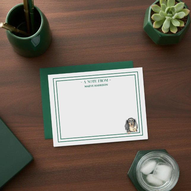 Custom Name Hand Drawn Dachshund Reading Card (Gift custom stationery to the dog lover in your life! )