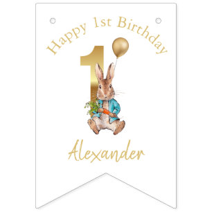 Custom Name Happy 1st birthday Peter gold balloon Bunting Flags