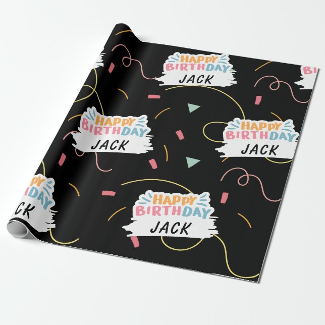 Custom Name Happy Birthday Black Wrapping Paper (Unrolled)