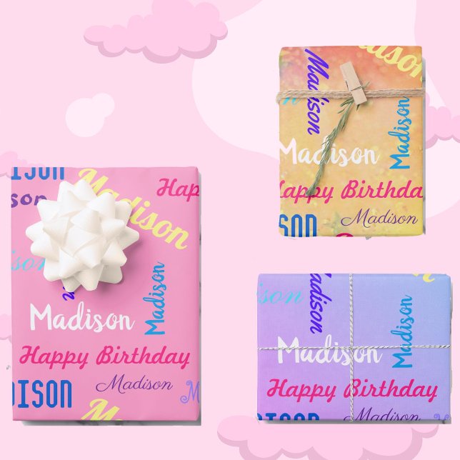 Custom NAME Happy Birthday Girl's Gift Wrapping Paper Sheet (Creator Uploaded)
