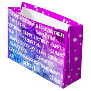 Custom Name Happy Birthday Pink/Purple Marble Large Gift Bag