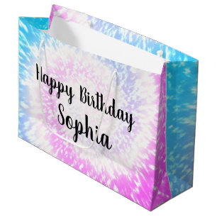 Custom Name Happy Birthday Tie Dye Hippy Swirl Large Gift Bag