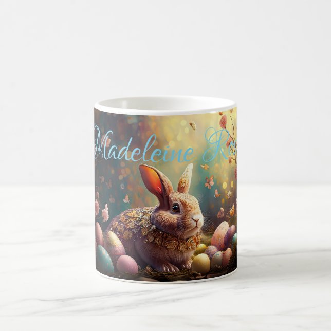 Custom Name Happy Easter Bunny with Easter eggs Coffee Mug (Center)