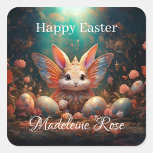 Custom Name Happy Easter Bunny with Easter eggs Square Sticker