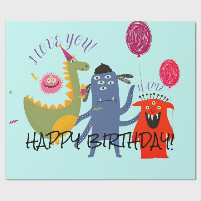 CUSTOM NAME HAPPY MONSTER BIRTHDAY Wrapping Paper (Flat)