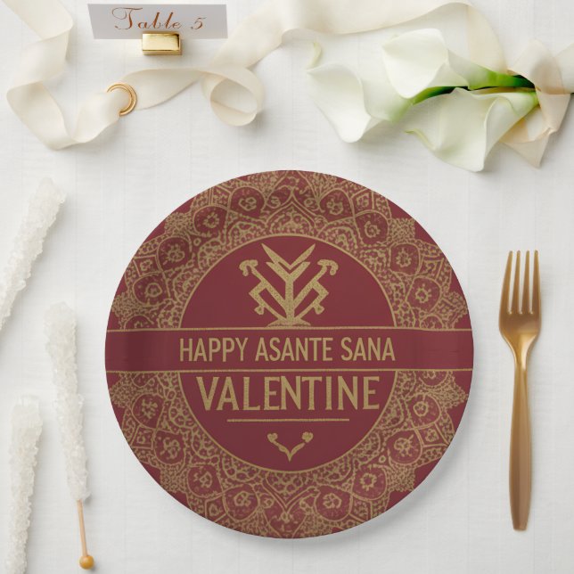 Custom Name Happy Valentine's Day: Red & Gold Lux  Paper Plate (Wedding)