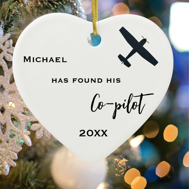 Custom name has Found his Co-Pilot Airplane Photo Ceramic Ornament (back)