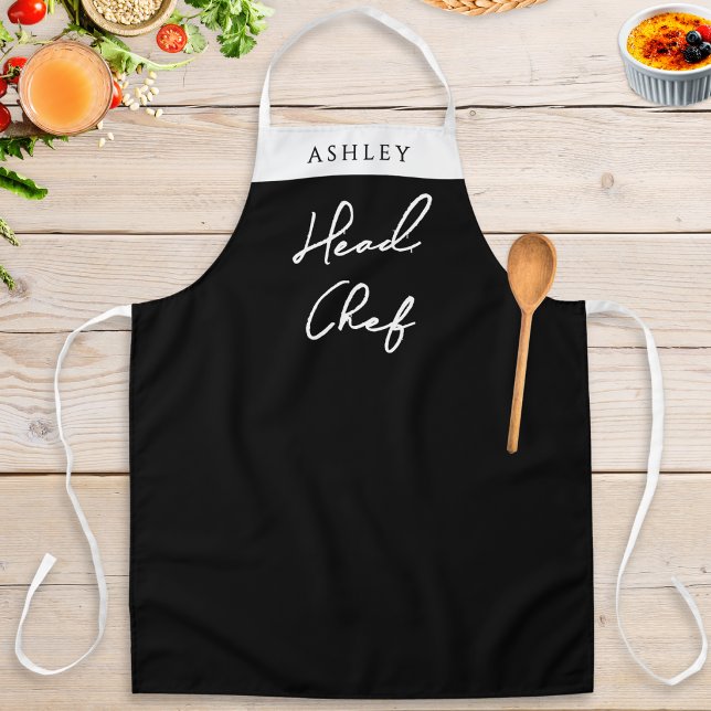 Custom Name Head Chef Black White Kitchen Apron (A personalized apron in black and white with 'Head Chef' in script typography)