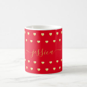 Custom Name Heart Pattern Gold Foil on Red Coffee Mug