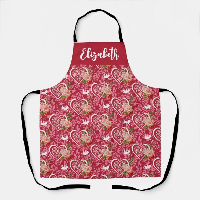 Custom Name Hearts & Flowers Valentine  Apron (Front)