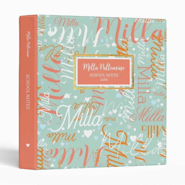 Custom Name Hearts School Notes Binder (Front/Spine)