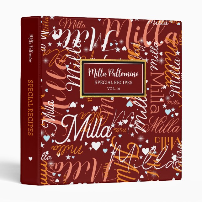 Custom Name Hearts Special Recipes Binder (Front/Spine)