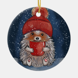 Custom Name Hedgehog With Hot Drink Ceramic Ornament