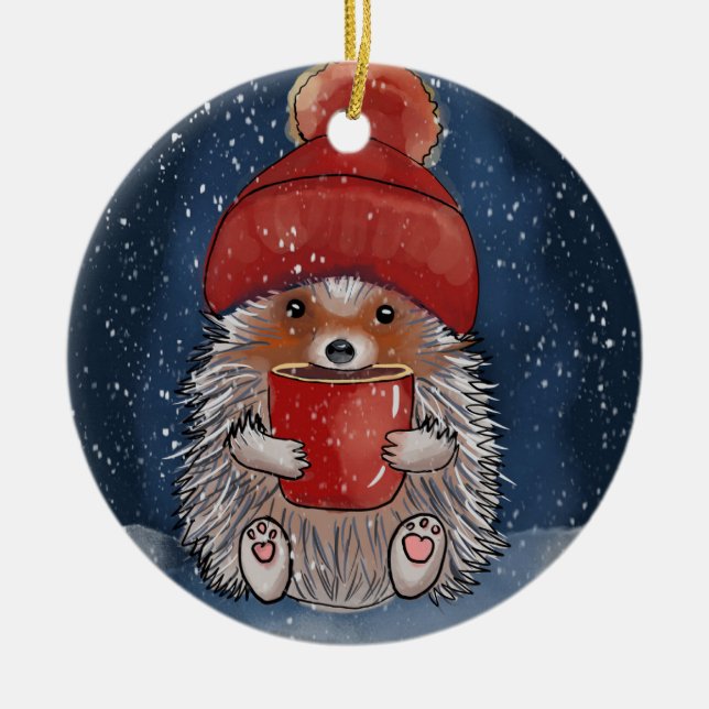Custom Name Hedgehog With Hot Drink  Ceramic Ornament (Front)