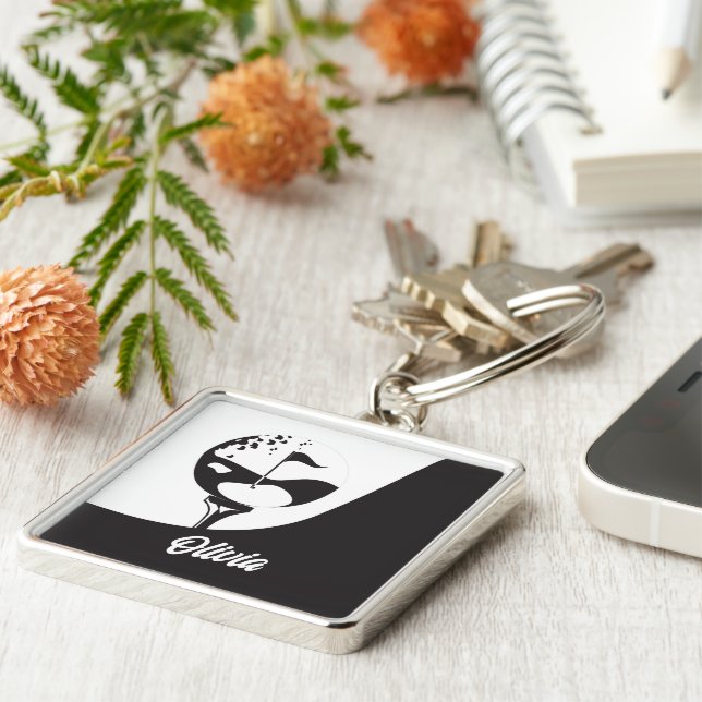 Custom Name Hello Black and White Golf  Keychain (Side)