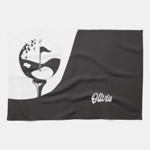 Custom Name Hello Black and White Golf  Kitchen Towel