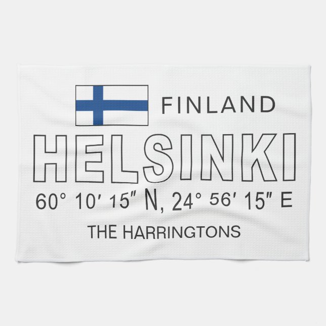 Custom Name Helsinki Coordinates Kitchen Towel (Horizontal)
