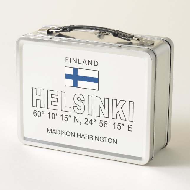 Custom Name Helsinki Coordinates Metal Lunch Box (Back)