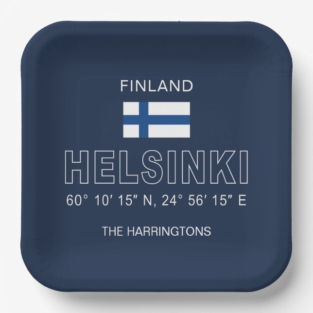 Custom Name Helsinki Coordinates Paper Plate (Front)
