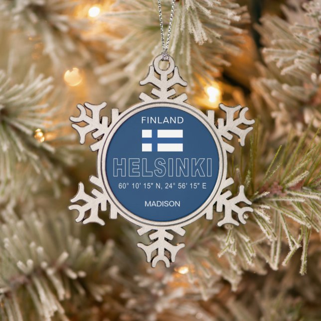 Custom Name Helsinki Coordinates Snowflake Pewter Christmas Ornament (Tree)