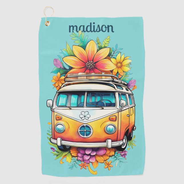 Custom Name Hippie Van Golf Towel (Front)