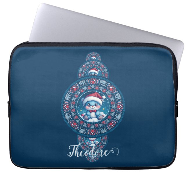 Custom Name Holiday Kawaii Bear Ornamental Mandala Laptop Sleeve (Front)