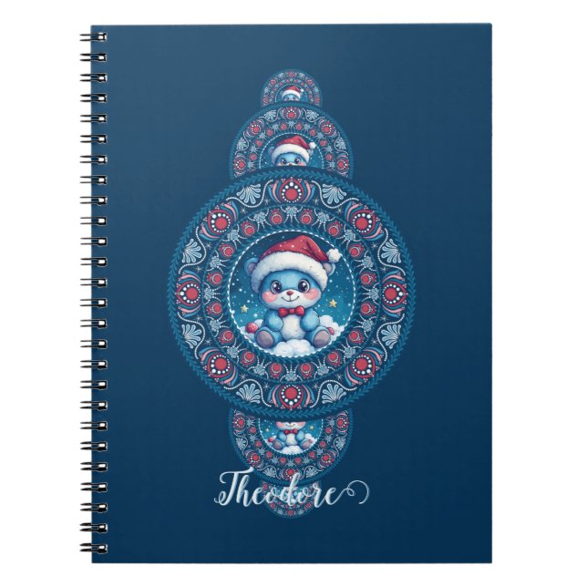 Custom Name Holiday Kawaii Bear Ornamental Mandala Notebook (Front)