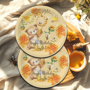 Custom Name Honey Bear Bees Birthday Party Paper Plate