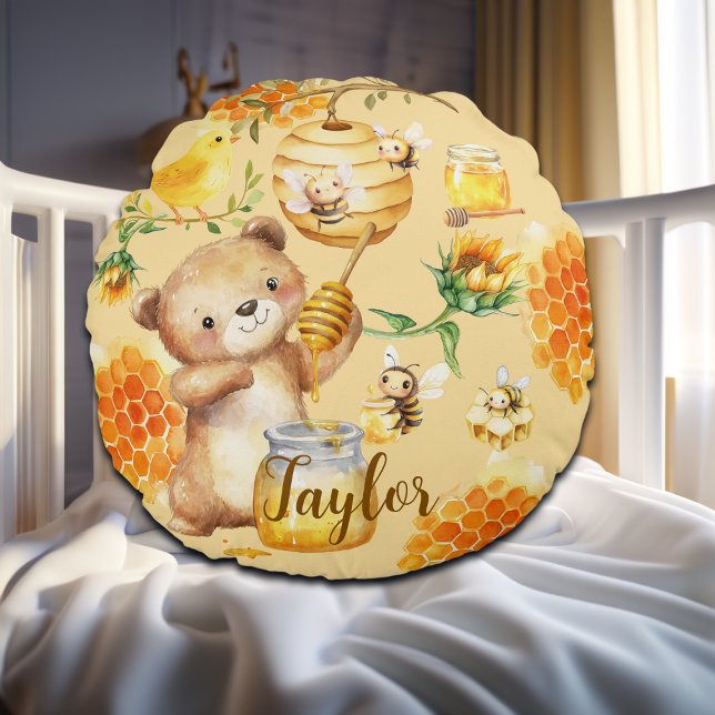 Custom Name Honey Bear Bees Round Pillow (Creator Uploaded)