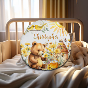 Custom Name Honey Bees Teddy Bear Round Pillow