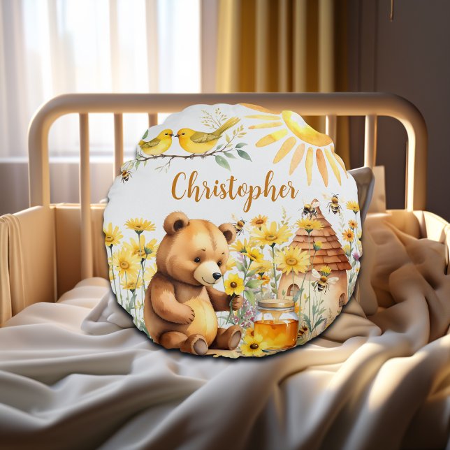 Custom Name Honey Bees Teddy Bear Round Pillow (Creator Uploaded)