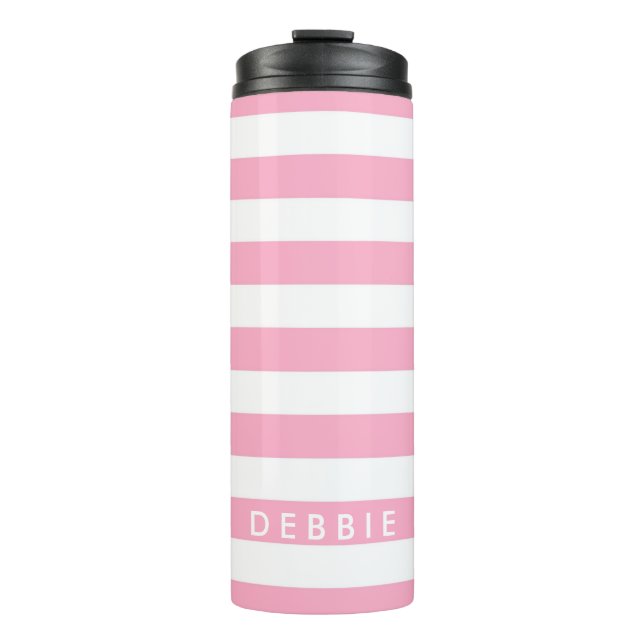 Custom name horizontal stripes pink & white thermal tumbler (Front)