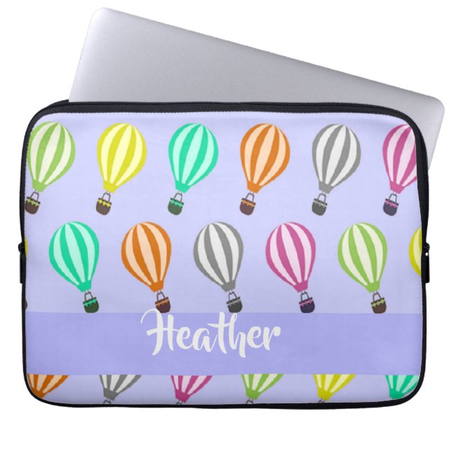 Custom name hot air balloon blue laptop sleeve (Front)