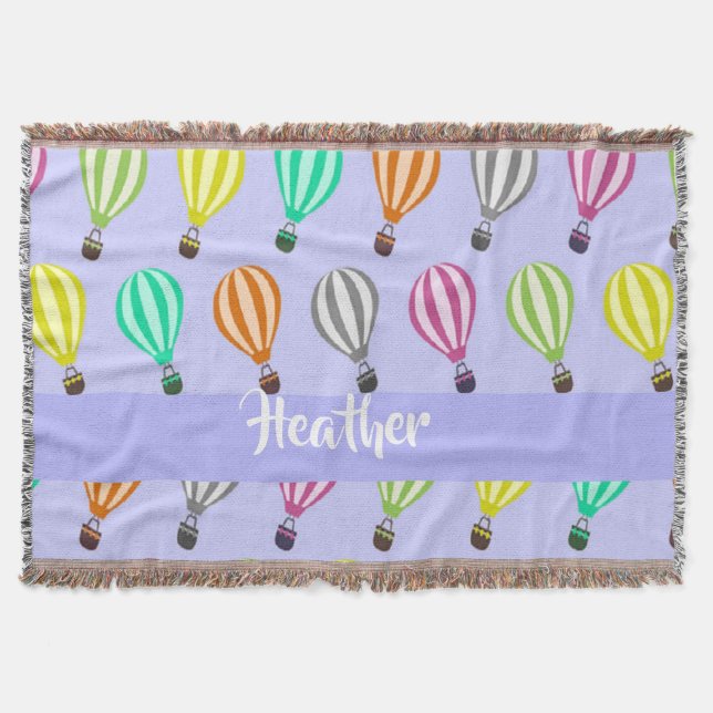 Custom name hot air balloon blue throw blanket (Front)