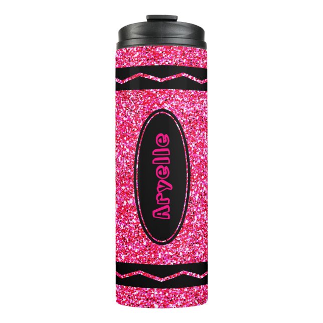 Custom Name Hot Pink Glitter Crayon Drink Tumbler (Front)