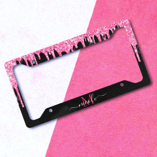 Custom Name Hot Pink Glitter Drip on Matte Black  License Plate Frame