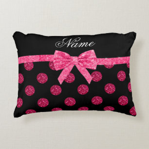 Custom name hot pink glitter polka dots bow accent pillow