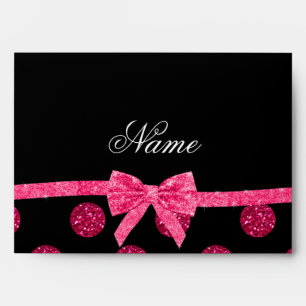 Custom name hot pink glitter polka dots bow envelopes