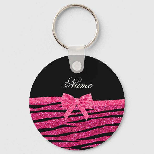 Custom name hot pink glitter zebra stripes bow keychain (Front)