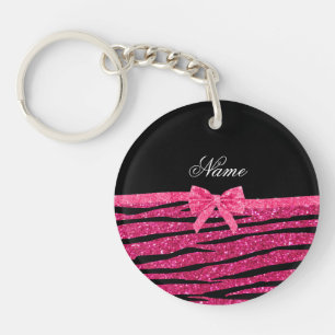 Custom name hot pink glitter zebra stripes bow keychain
