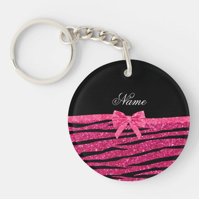 Custom name hot pink glitter zebra stripes bow keychain (Front)