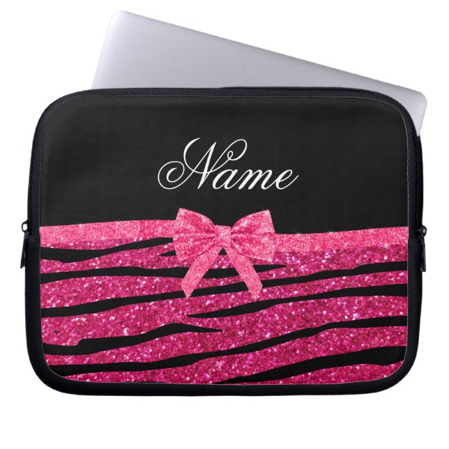 Custom name hot pink glitter zebra stripes bow laptop sleeve (Front)