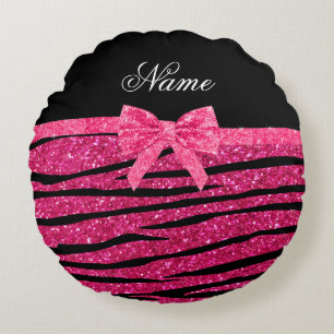 Custom name hot pink glitter zebra stripes bow round pillow