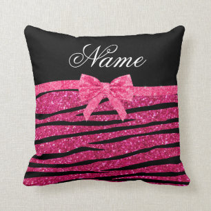 Custom name hot pink glitter zebra stripes bow throw pillow