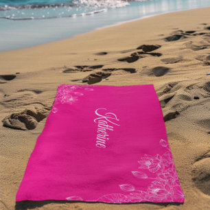 Custom Name Hot Pink Lotus Floral Beach Towel